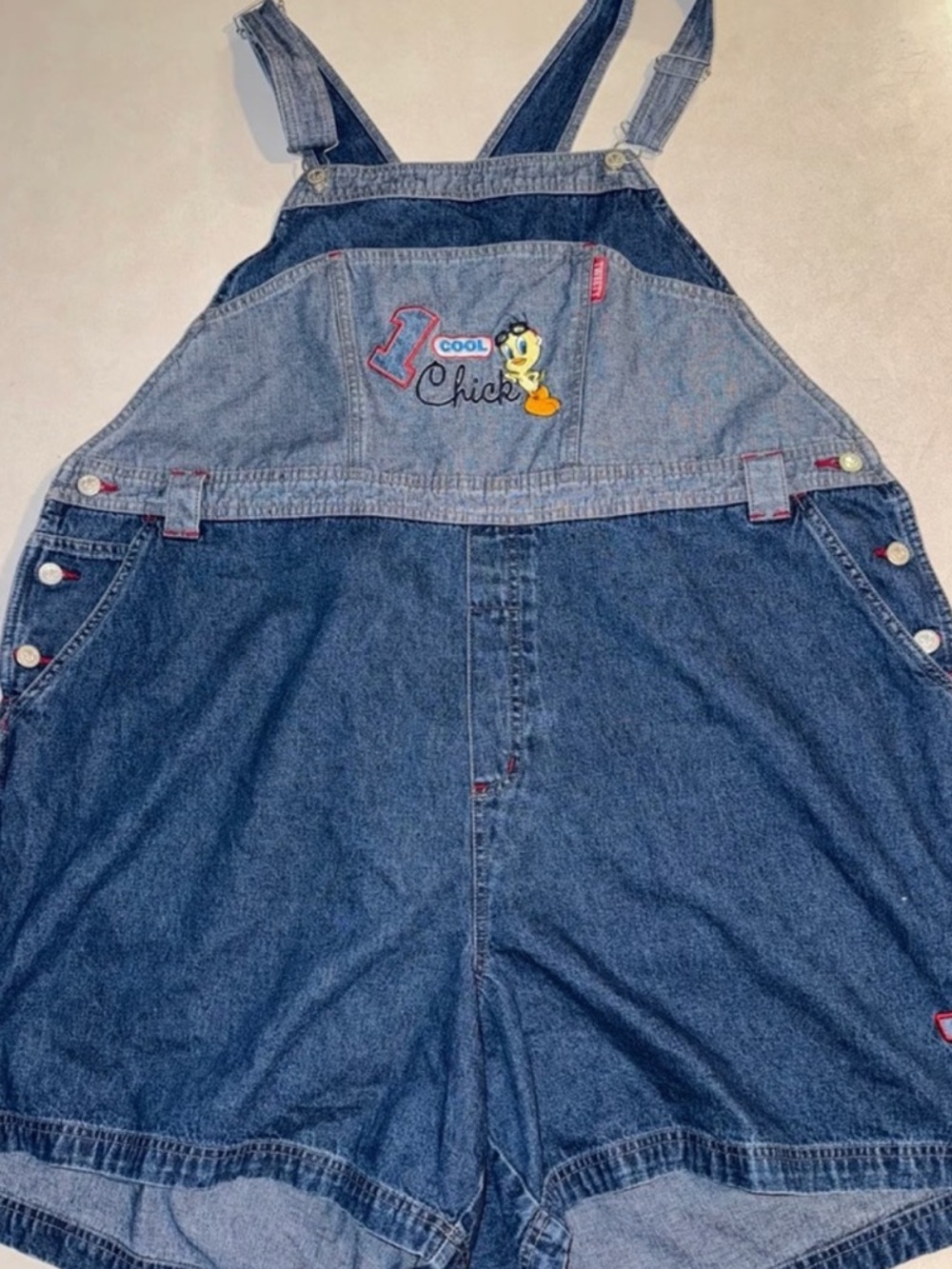 Vintage Denim Short Overalls with Tweety Patch - Blue